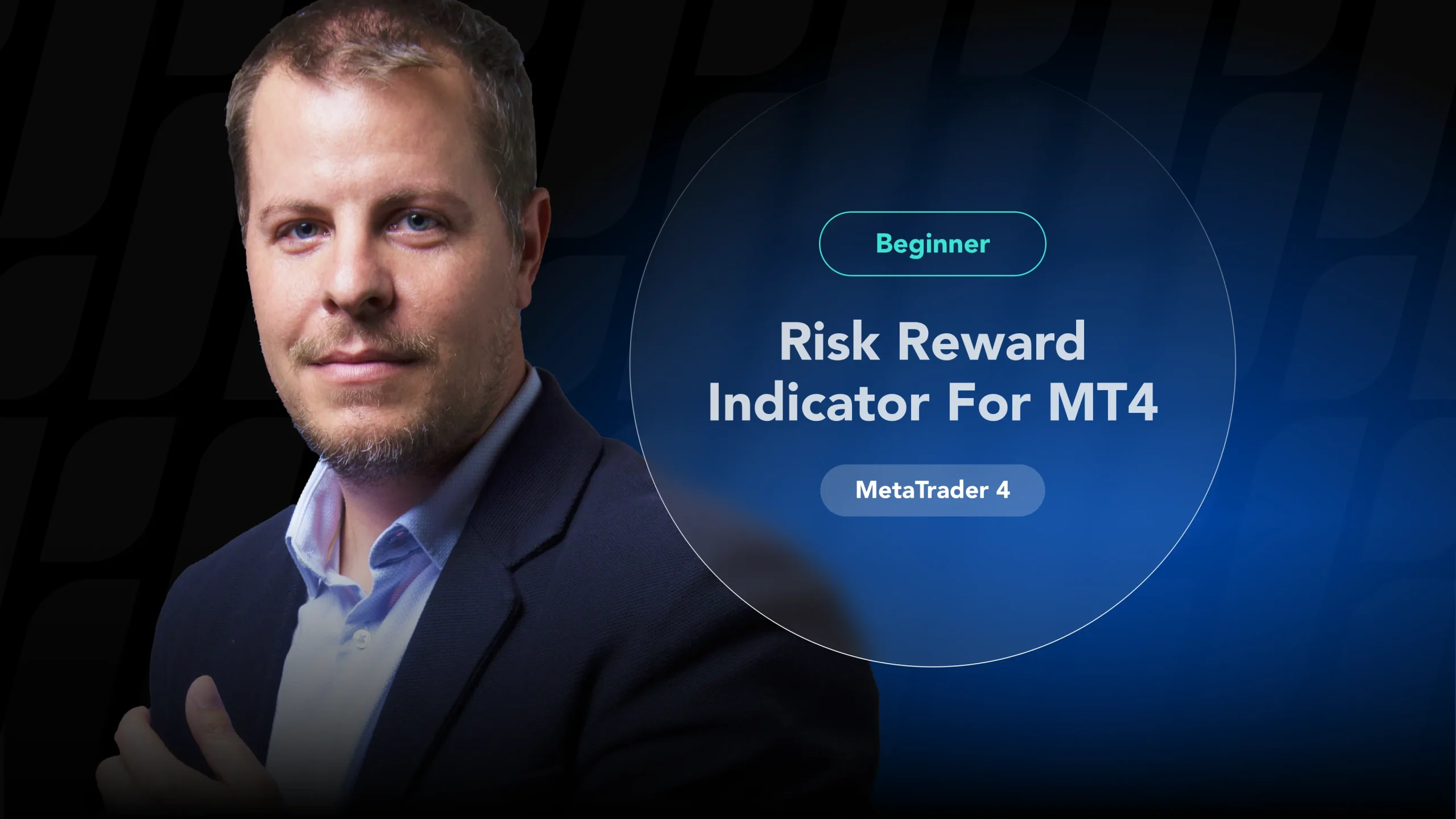 A technical guide on installing and using the risk-reward indicator for MT4, featuring a forex trader.